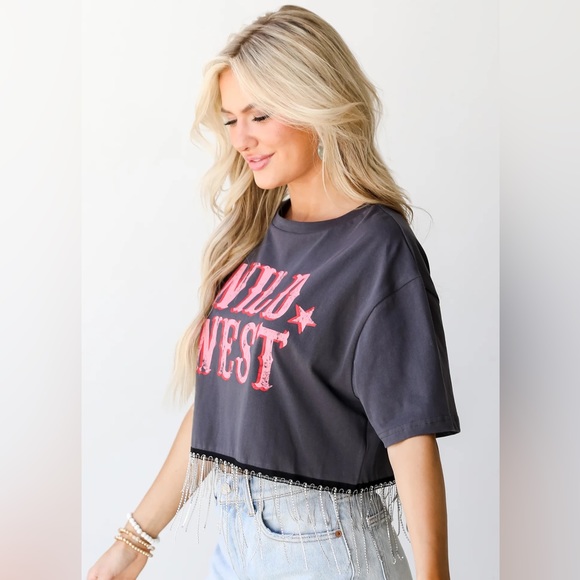 Boho Wild West Rhinestone Cropped Tee - Small LIKE NEW - Picture 6 of 6